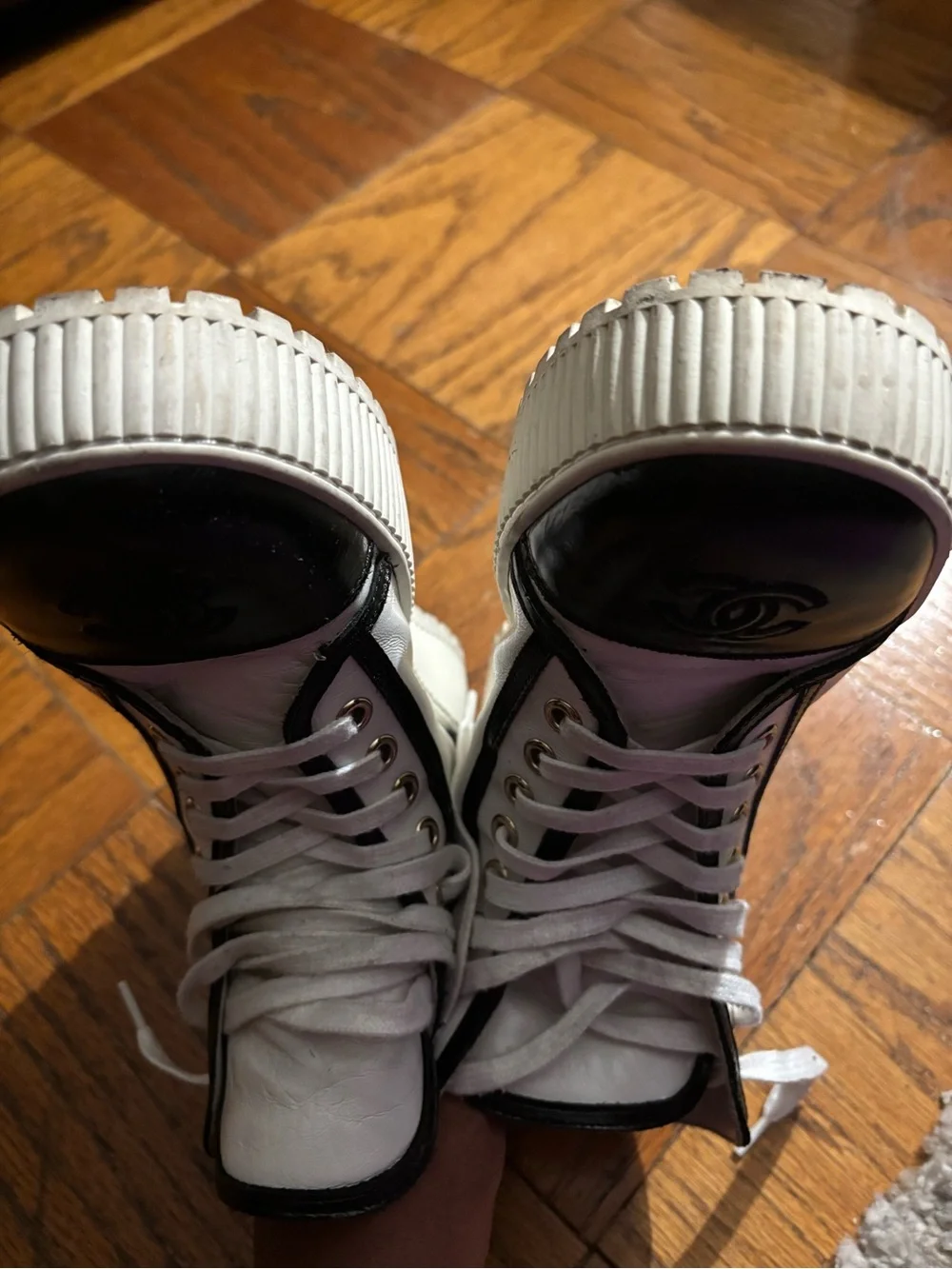 CHANEL White and Black Logo High-Top Sneakers